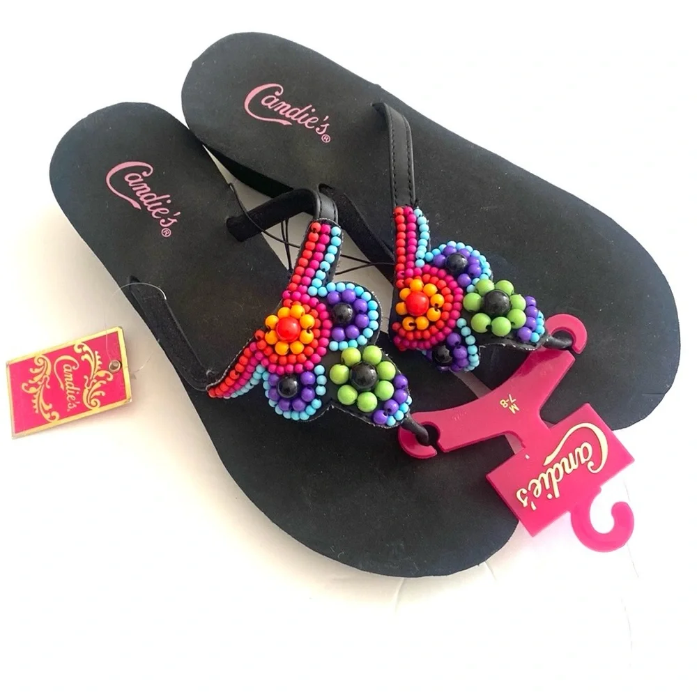Candies multicolored thong wedge flip flops, Size 7-8, NWT‎